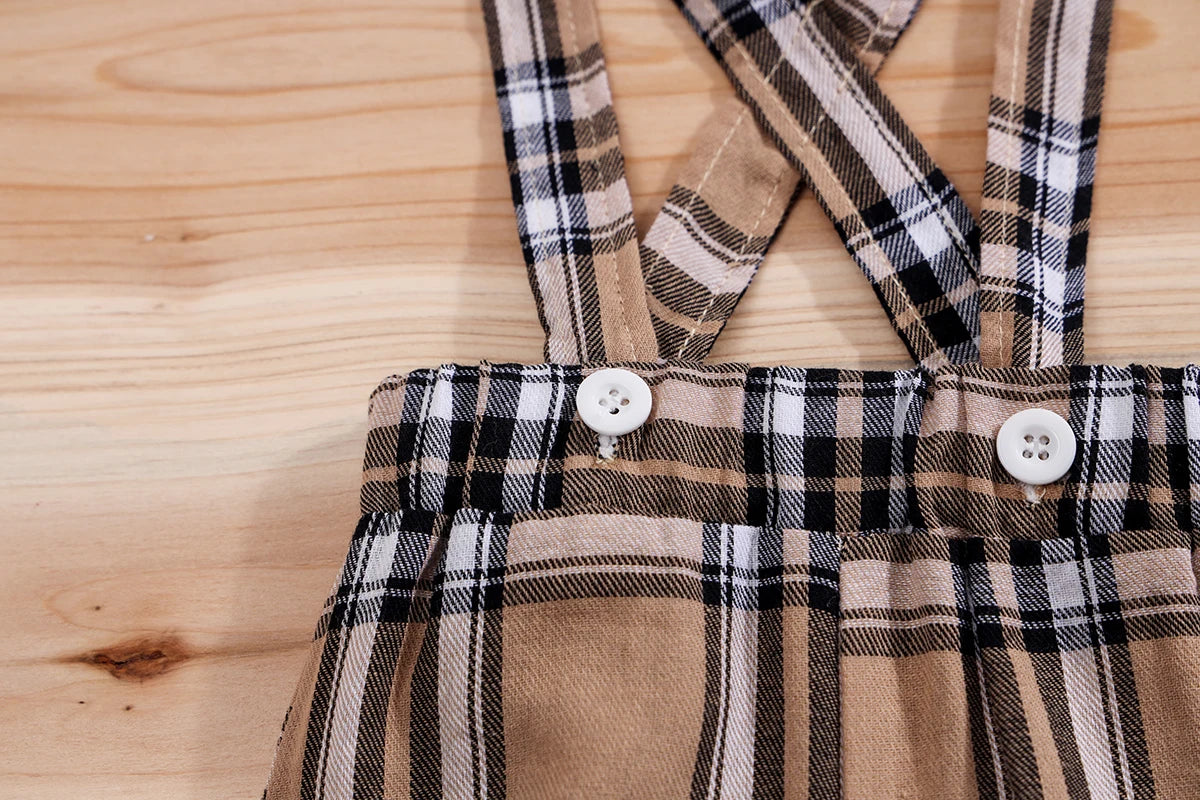 2PCS IURNXB Baby Clothes Sets Short Sleeve Boys Infant Plaid Bear Bodysuit+Suspenders Trousers Set Overall Newborn Outfits 1-18M