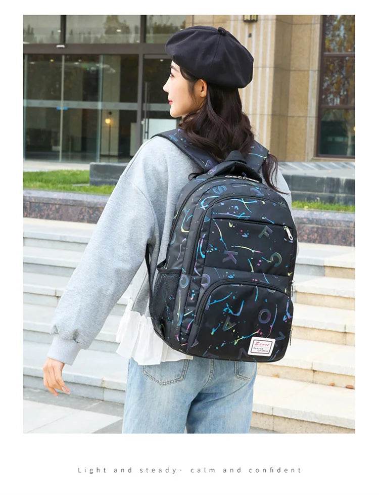 Three piece set of large capacity school backpack versatile letter printed casual backpacks junior high school student schoolbag - AIAZ