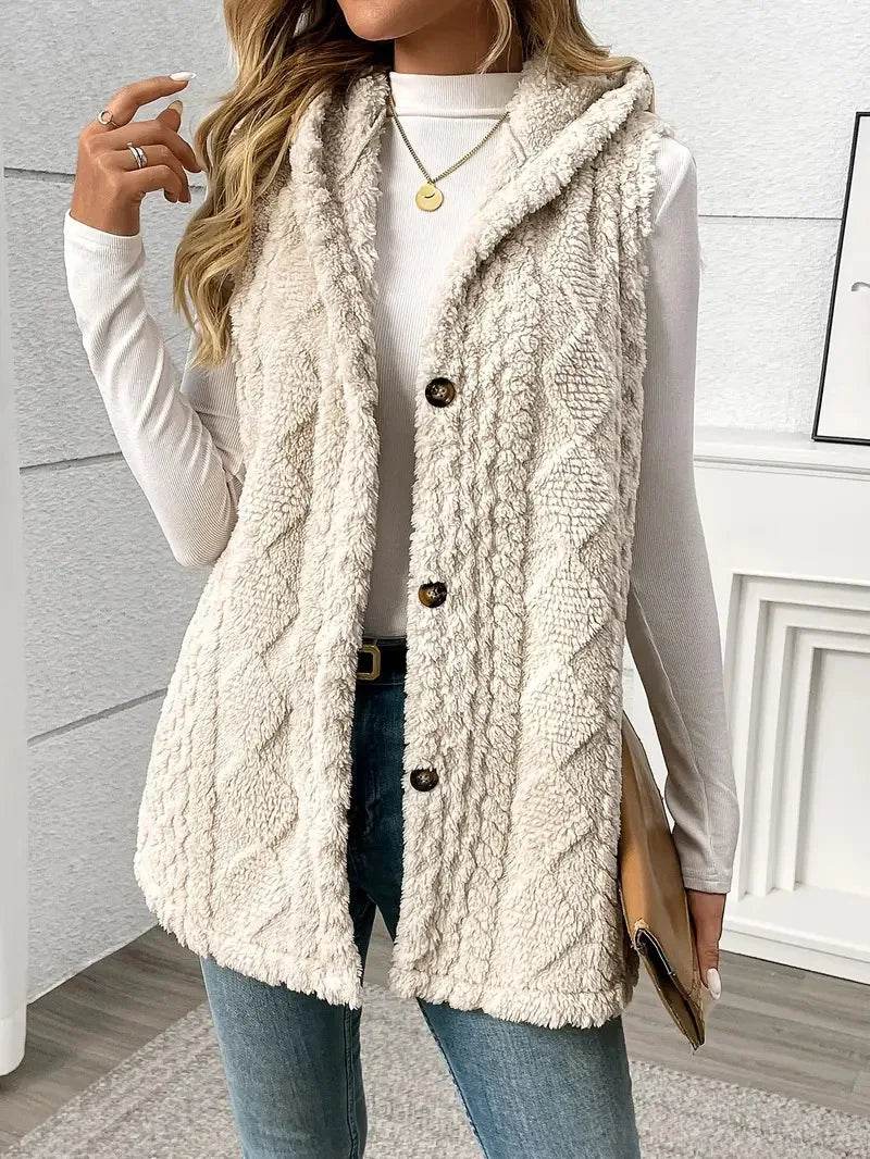 VigoCasey 2025 Casual Sleeveless Thick Vest Coat Woman Solid Hooded Warm Plush Waistcoat Lady Autumn Winter Apricot Vest Jacket - AIAZ