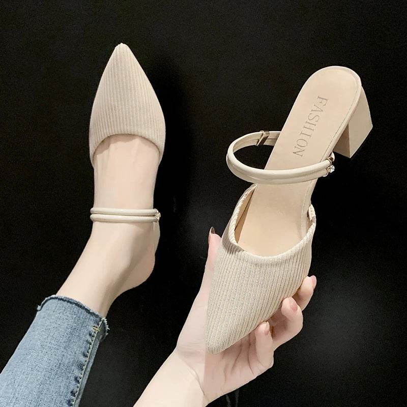 Korean Sle High Heel Sandals Women Summer Outdoor Wear Pointed Toe Double Wear Mules Cover Head f Slip Small Fraance Wind - AIAZ