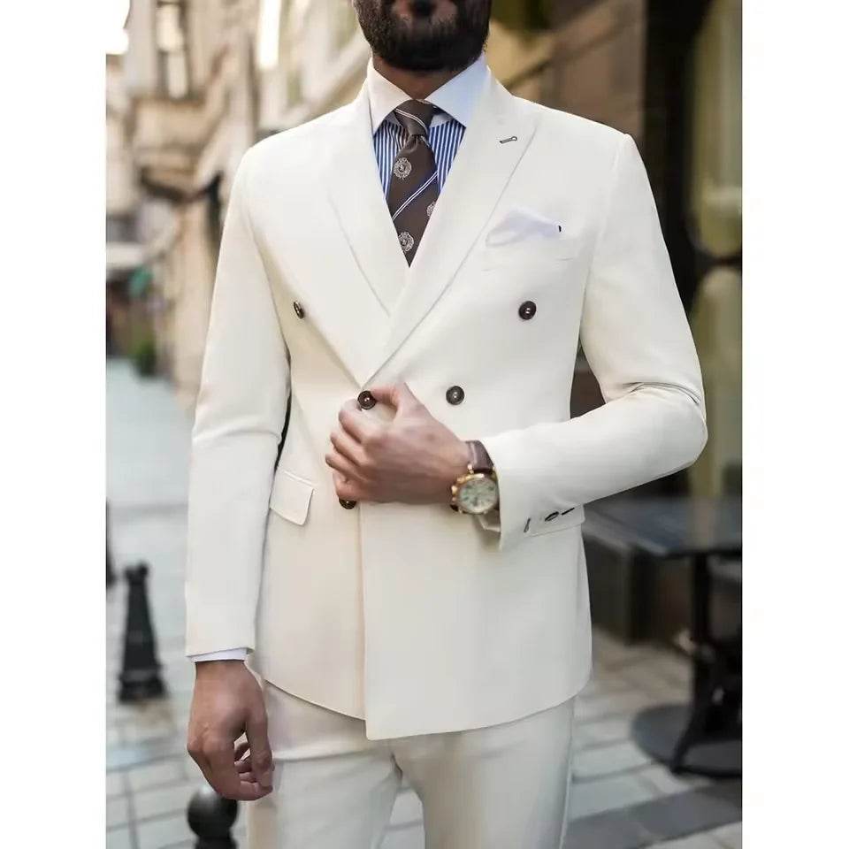 Men's formal suit, double breasted formal two-piece jacket, long pants, groom's formal dress, hat brim, lapel, custom clothing - AIAZ