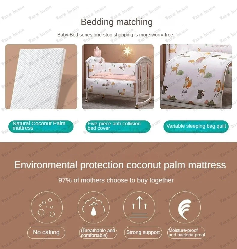Solid wood spliced crib Multifunctional European style children's bed Movable newborn cradle large bed Baby Rest Chair