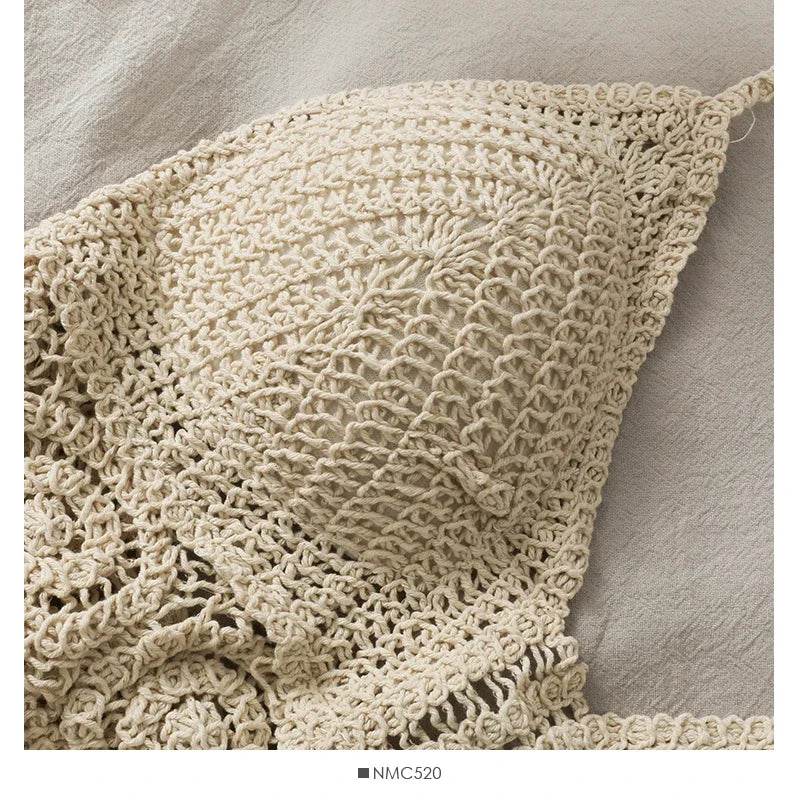 Women Beach Crop Tops Hollow Cover-Ups Perspective Tassel Sexy Spaghetti Strap Swinwear Built In Bra Backlless Halter Neck - AIAZ