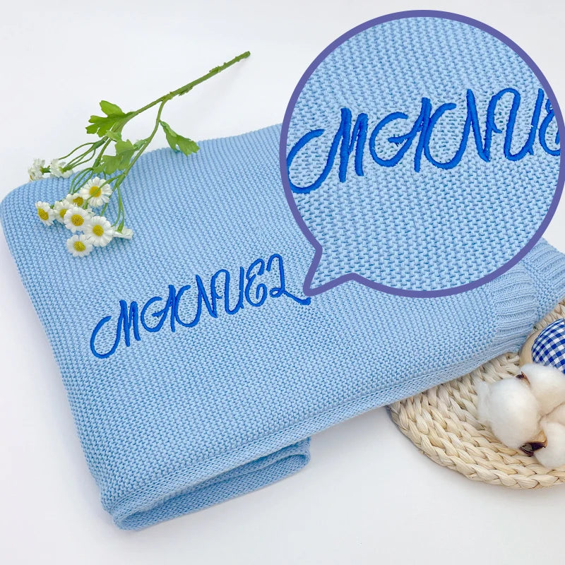 Embroidered Name Knitted Blanket  Stroller Cover Kids Cotton Nap Blanket for Newborn Shower Gifts