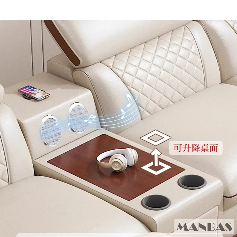 MINGDIBAO Premium Italian Genuine Leather Sofa Set for Living Room with Adjustable Headrests and Built-in Bluetooth Speaker, USB