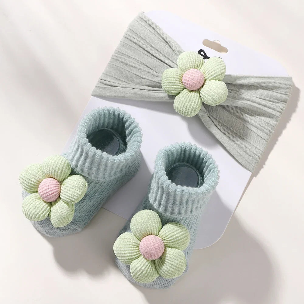 2Pcs Flower Baby Headband Socks Set Soft Nylon Hairband for Newborn Girl Elastic Floral Turban Short Sock Infant Headwear