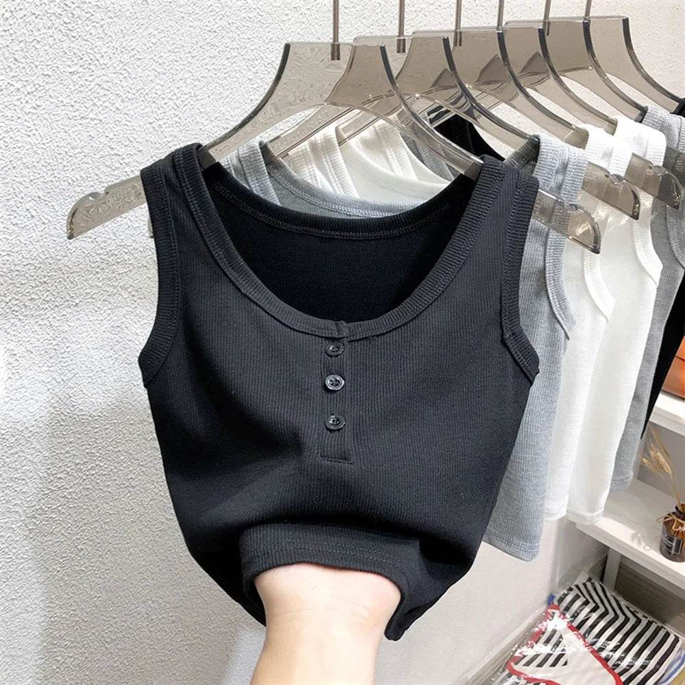 Tank Top for Women Ribbed Button Down Sleeveless Blouse Solid Color Casual Women's Teens Trendy Basic Summer Dresses - AIAZ
