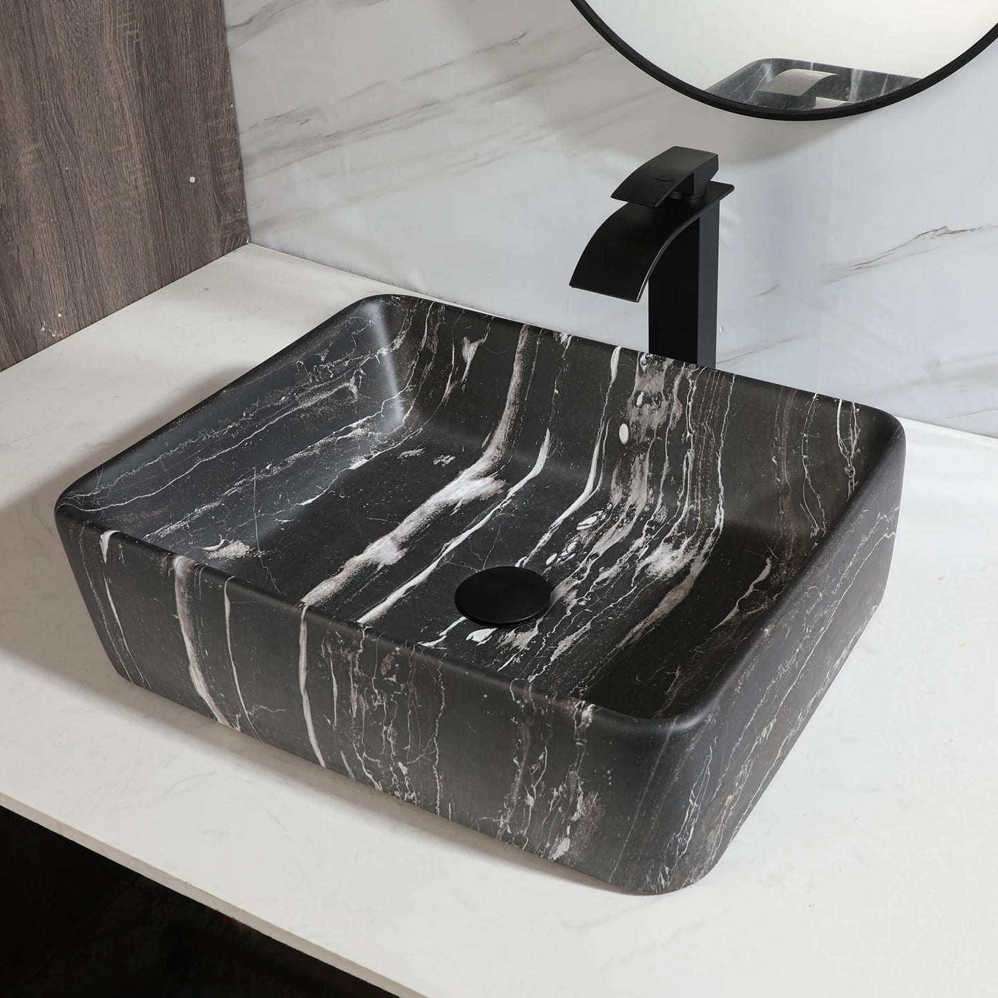 JIENI Bathroom Marble Style Vessel Sink Set Square Ceramic Basin Bowl Sink Black Faucets High-end European Modern Washbasin