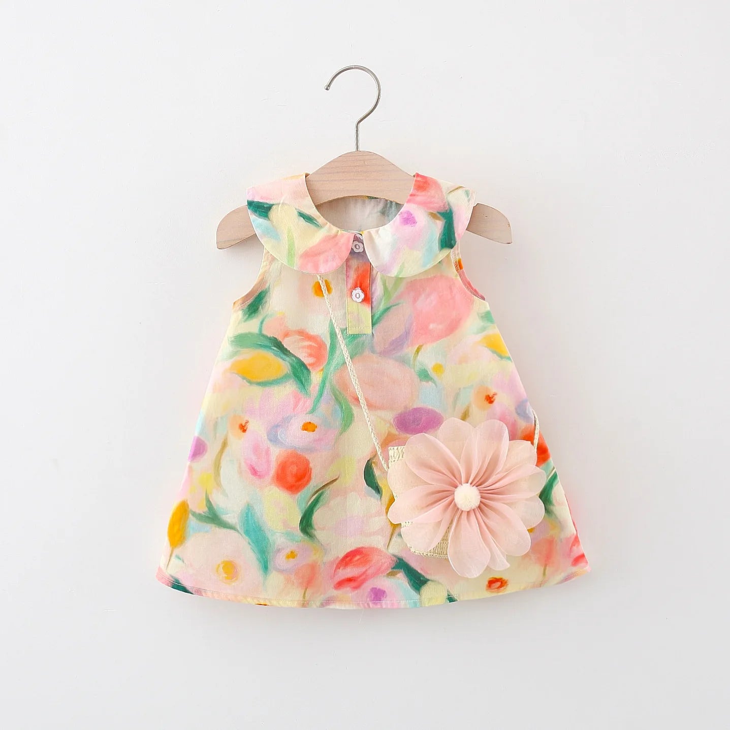 2 Pcs summer baby girl dress with sweet large flower doll collar sleeveless cotton dress paired with large flower crossbody bag