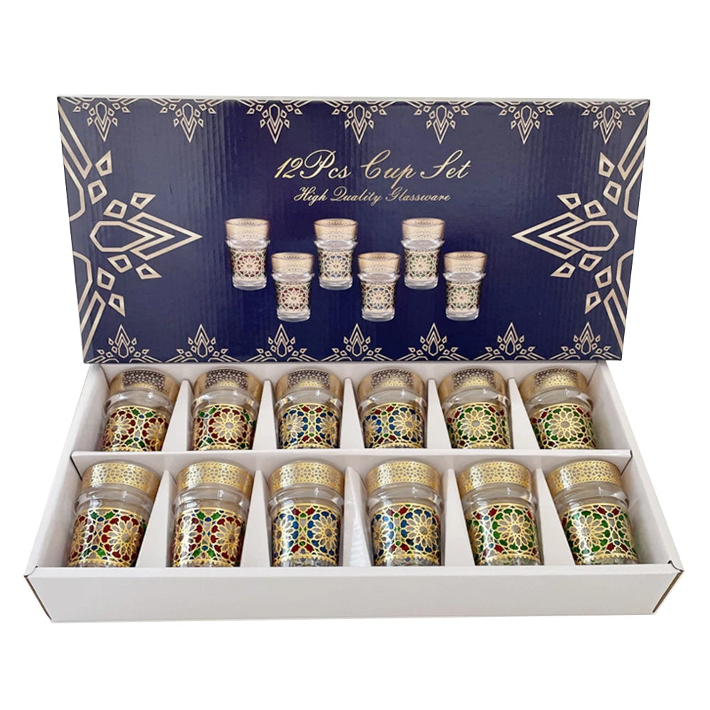 12-piece set, Light luxury style Moroccan glass cup, Türkiye Saudi restaurant tea cup, Mosaic paper gilding water cup, gift cup