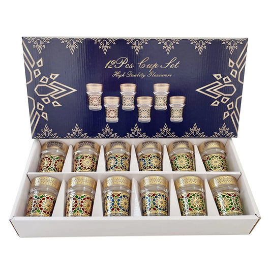 12-piece set, Light luxury style Moroccan glass cup, Türkiye Saudi restaurant tea cup, Mosaic paper gilding water cup, gift cup