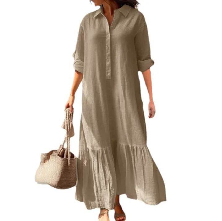 2025 Women's Linen Shirt Dress - Asymmetrical Hem Button Down Casual Dress - AIAZ