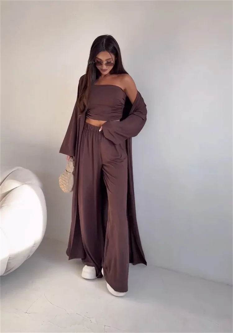 Pants Sets Women Solid Color Loose Long Cardigan Coat Tube Top High Waist Wide Leg Trousers Three Piece Set Casual Lady Suits - AIAZ