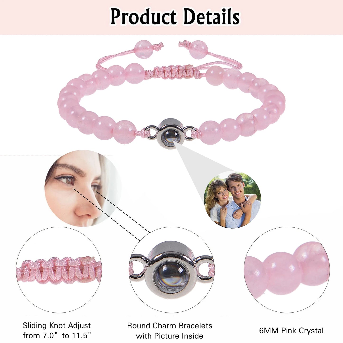 Natural Stone Beads Personalized Picture Bracelet Pink Zebra Stone Custom Photo Projection Bracelet Memorial Gifts for Women Men