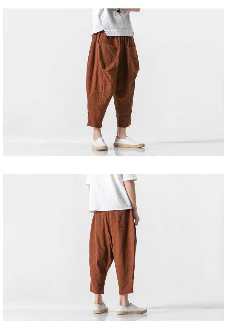 2025 Men Linen Pants Mens Wide Crotch Harem Pants Man Chinese Style Ankle-Length Pants Male Wide-Legged Bloomers Trousers - AIAZ