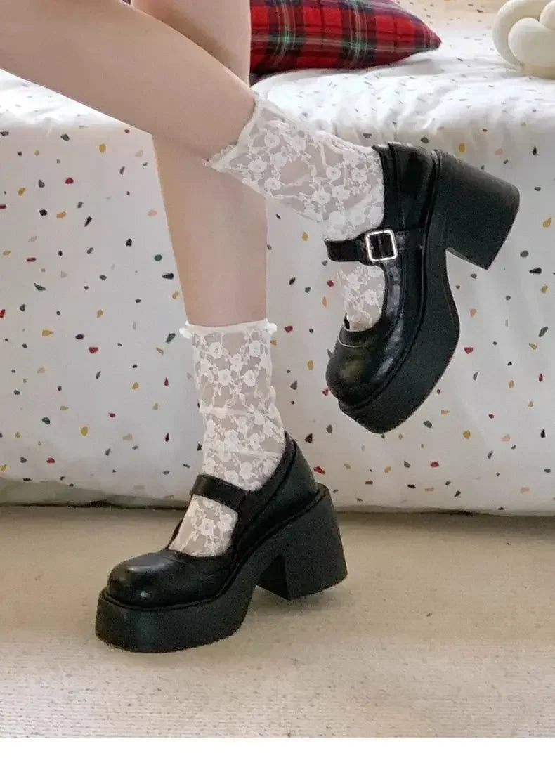 Brown Retro French Thick Heel Mary Janes Women's Shoes Spring 2025 New Style Heightening Flat Mouth High Heels Loafers Shoes