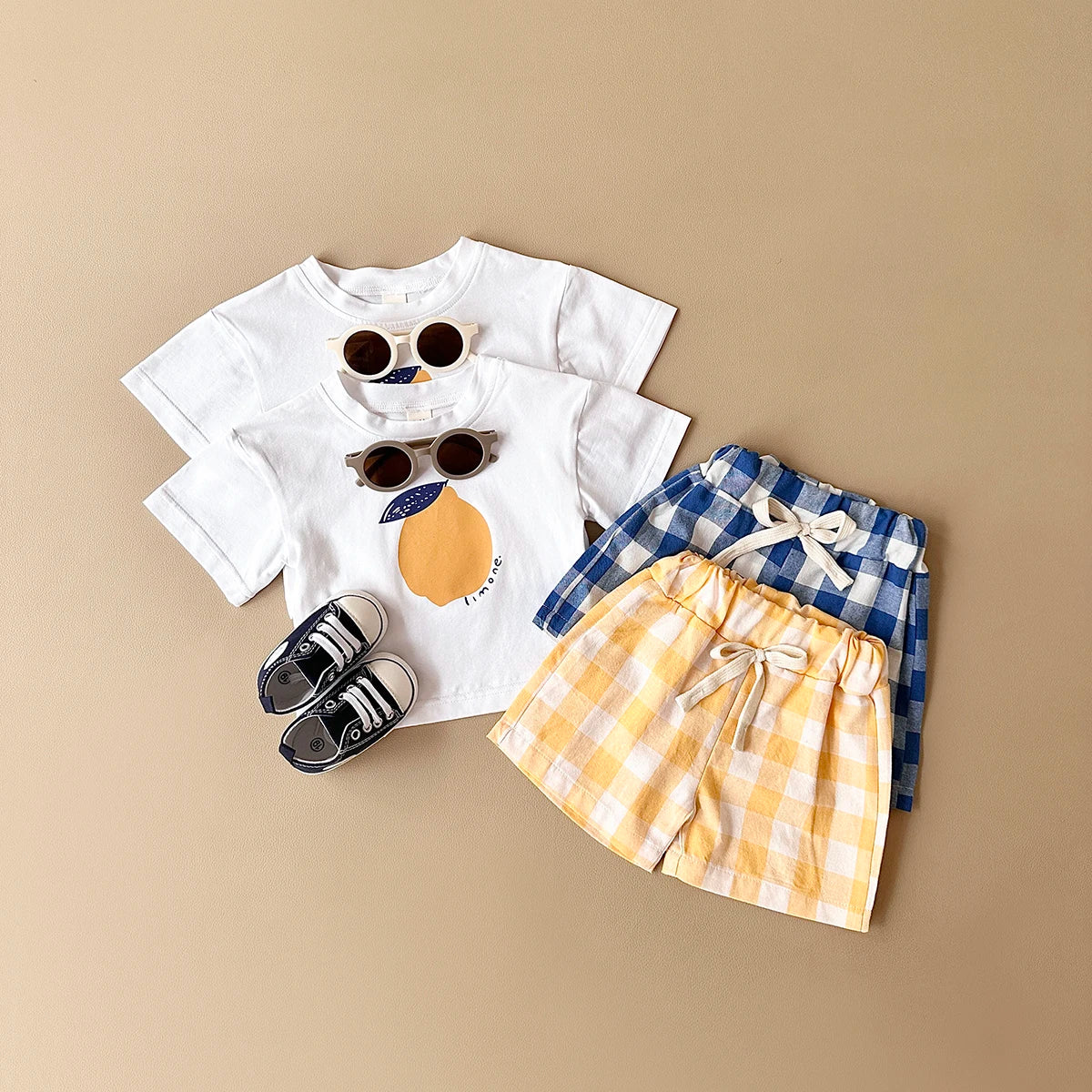 2PCS Summer Baby Boys Girls Clothes Set Lemon Print T-shirt+Checkered Shorts Beach Infant Toddler Outfit Suit 0-3Y