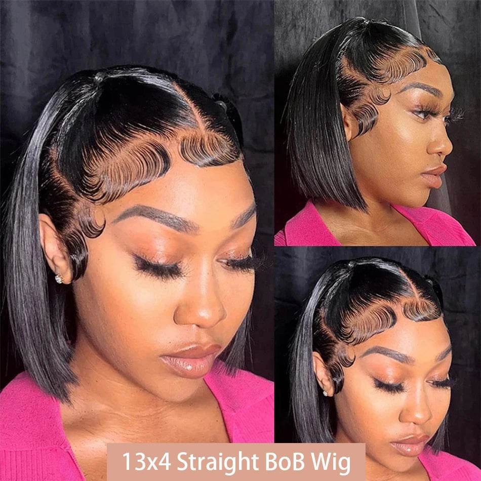 13x4 Bone Straight Bob Wig Lace Front Human Hair Wigs 4x4 Short Bob Wig Lace Frontal Wig 100% Human Hair 200% Density 12 14 Inch - AIAZ