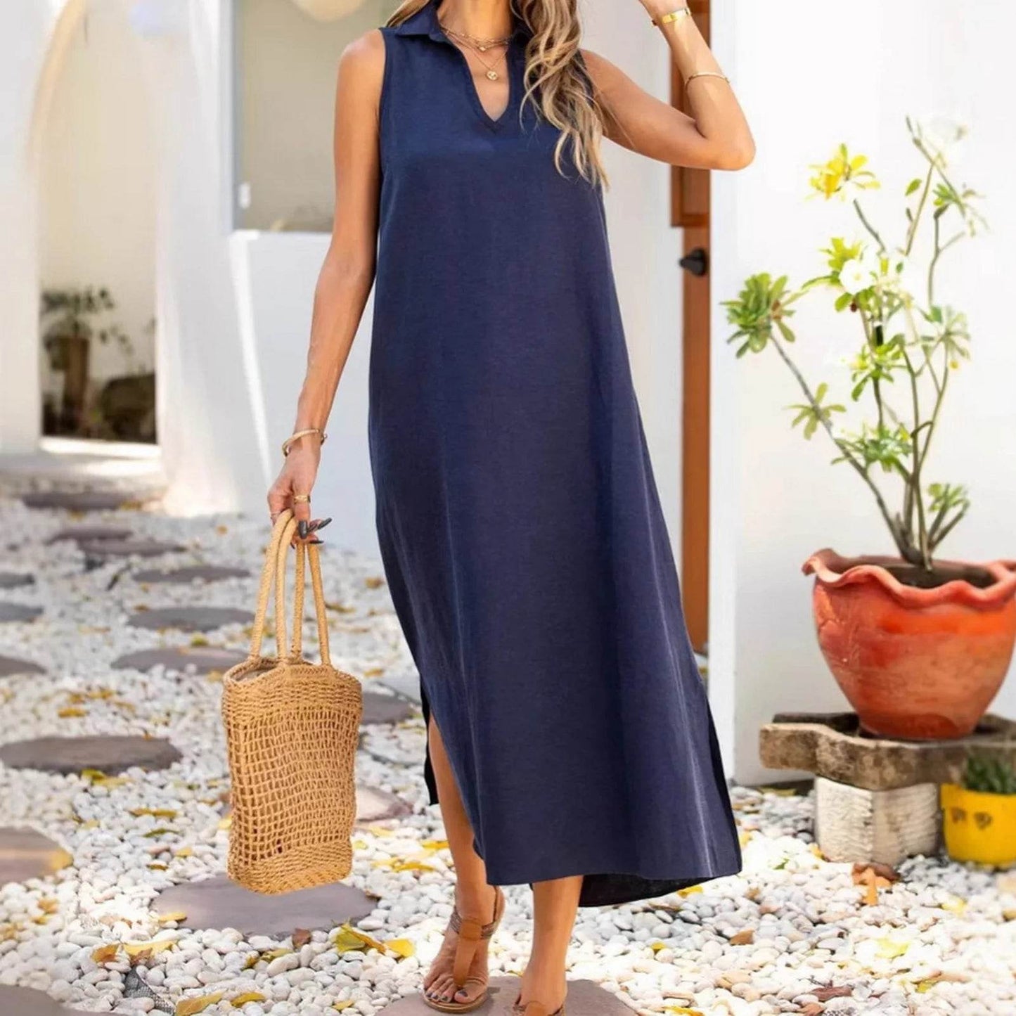 Dresses Woman Party Night V Neck Solid Color Tank Dress Cotton Linen Casual Loose Sundress Plain Long Dresses Vestidos Largos - AIAZ