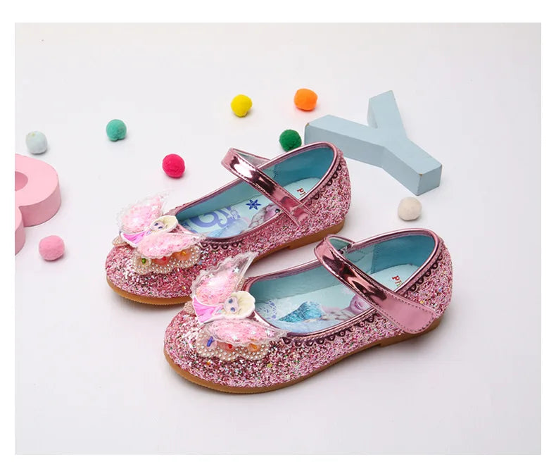 Disney Elsa Frozen Girls Princess Shoes Spring and Autumn Flat Paillette Shoes Children's Soft Sole Baby Casual Shoe Party Shoes