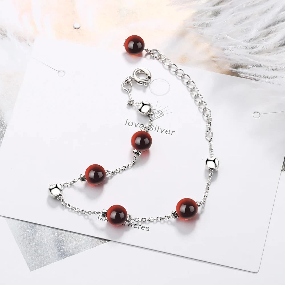 Charm 925 Sterling Silver Red Garnet Beads Chain Bangle&Bracelets for Women Girls Wedding Party Fashion Jewelry Gifts Accessory