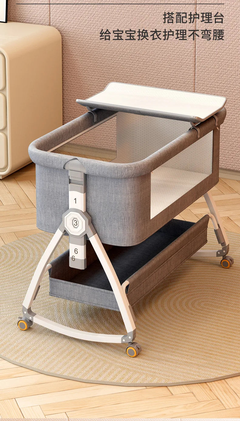 Crib Movable Multi-Function Folding Height Adjustment Splicing Queen Bed Baby Bassinet Newborn Baby Bed Anti-Overflow