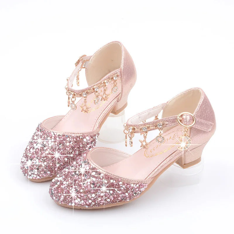 Girls Sequins Performance Shoes Kids Glitter Toes Capped Sandals Children's Princess High-heeled Shoes Spring Autumn 2024 New