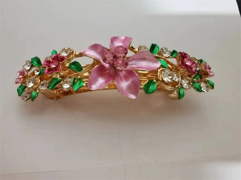 Red Crystal Flower Bow Spring Hairpin Vintage Ink Blue Rhinestone Horizontal Clip Top Clip Elegant Mom Fashion Hairpin Korean