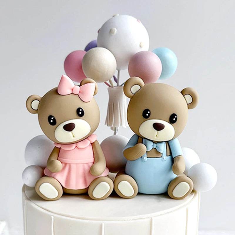 Brown Bear Doll Cake Toppers Happy Birthday Pink Blue Bear Theme Cake Topper for Birthday Baby Shower Wedding Cake Deocrations - AIAZ