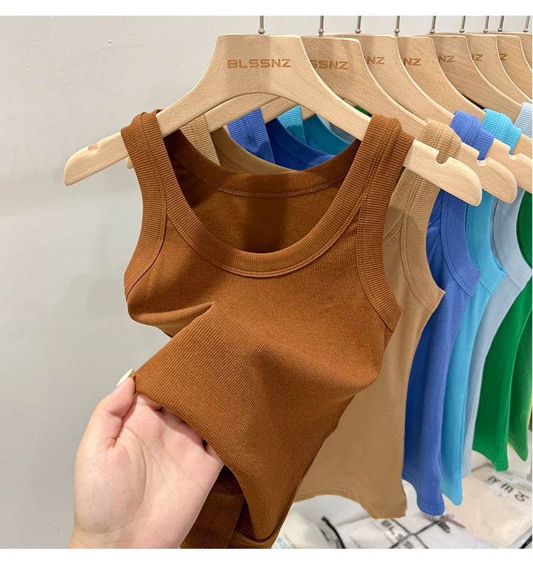 Women Solid Round Neck Ribbed Tank Top Camisole Women 2025 Summer Basic Elastic Tank Top O Neck Solid Tank Top - AIAZ