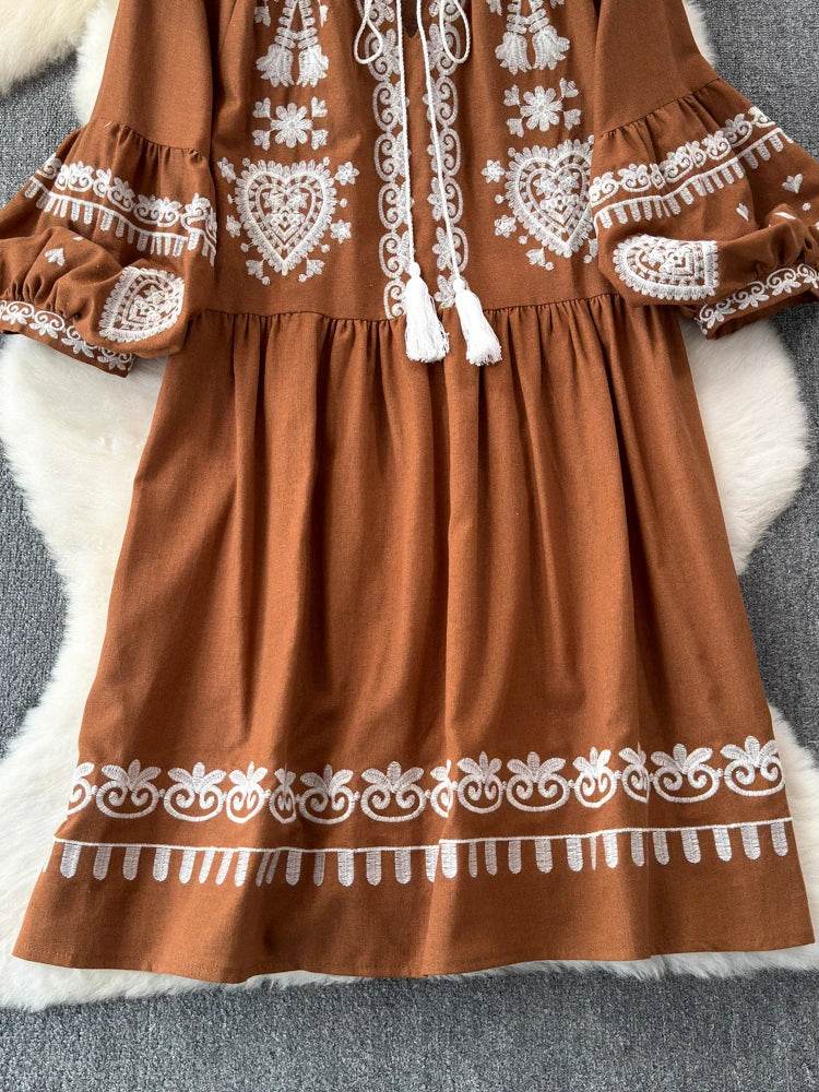 Women's Spring Summer Dress Bohemian Retro Ethnic Style Diamond Cotton Linen Blend Embroidered Lantern Sleeves Mini Dress A20 - AIAZ
