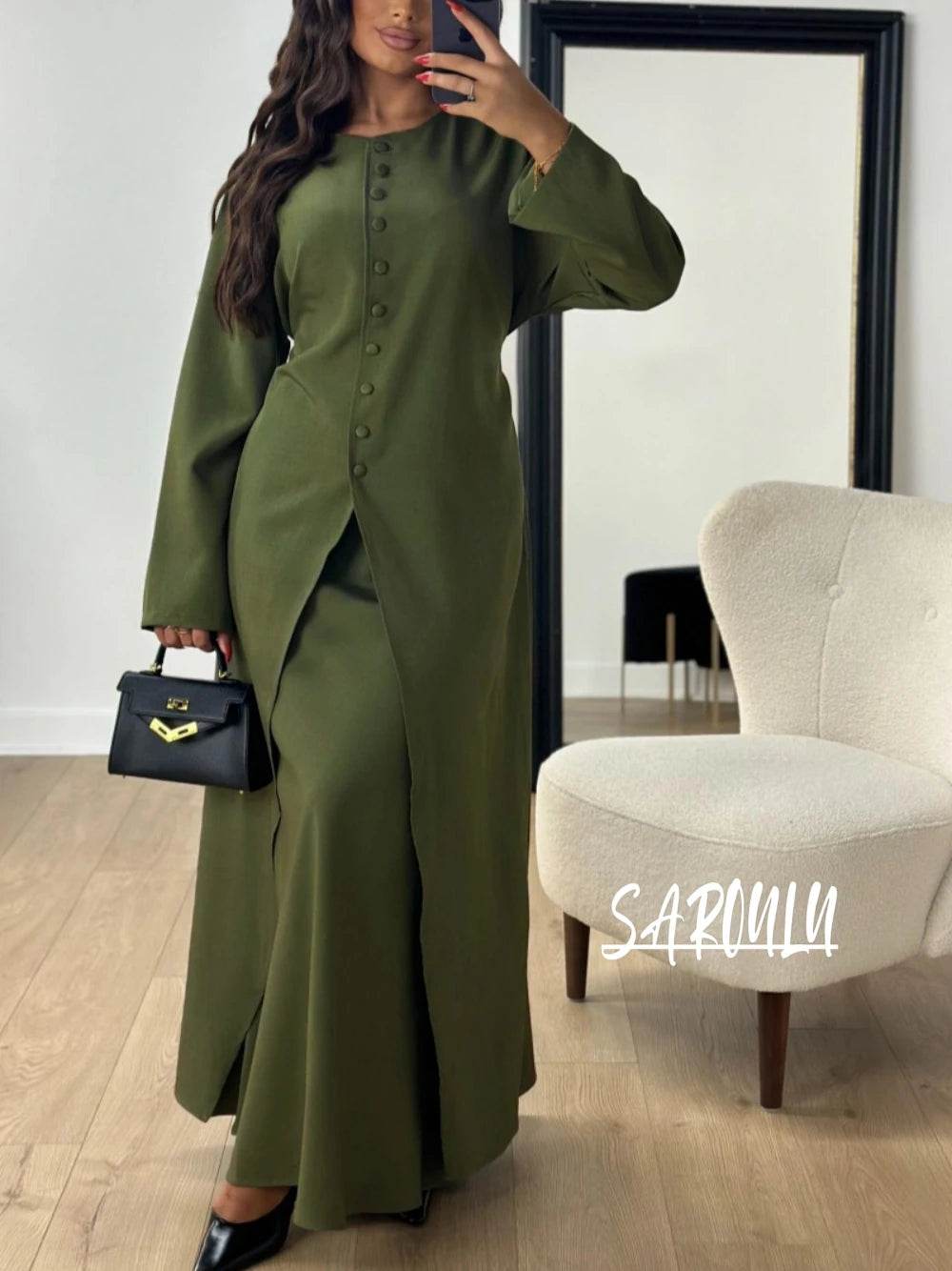 Muslim O Neck Kaftan Satin Evening Dress Simple 2-pieces Robe Modest Abaya Women Caftan New Arrival Formal Party Buttons Gown - AIAZ