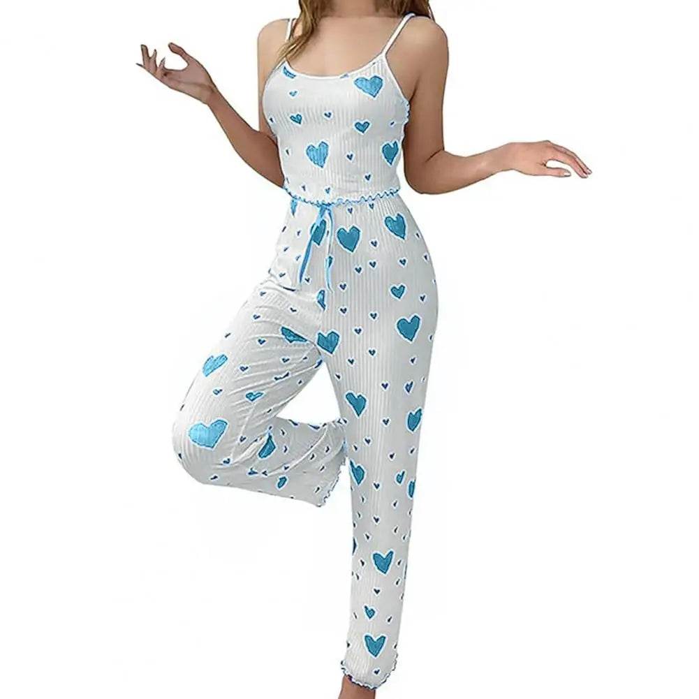 2 Pcs/Set Women Vest Pants Suit Bow Heart Print Sleeveless Shirring Edge Top High Waist Trousers Summer Cotton-blend Pajama Set - AIAZ