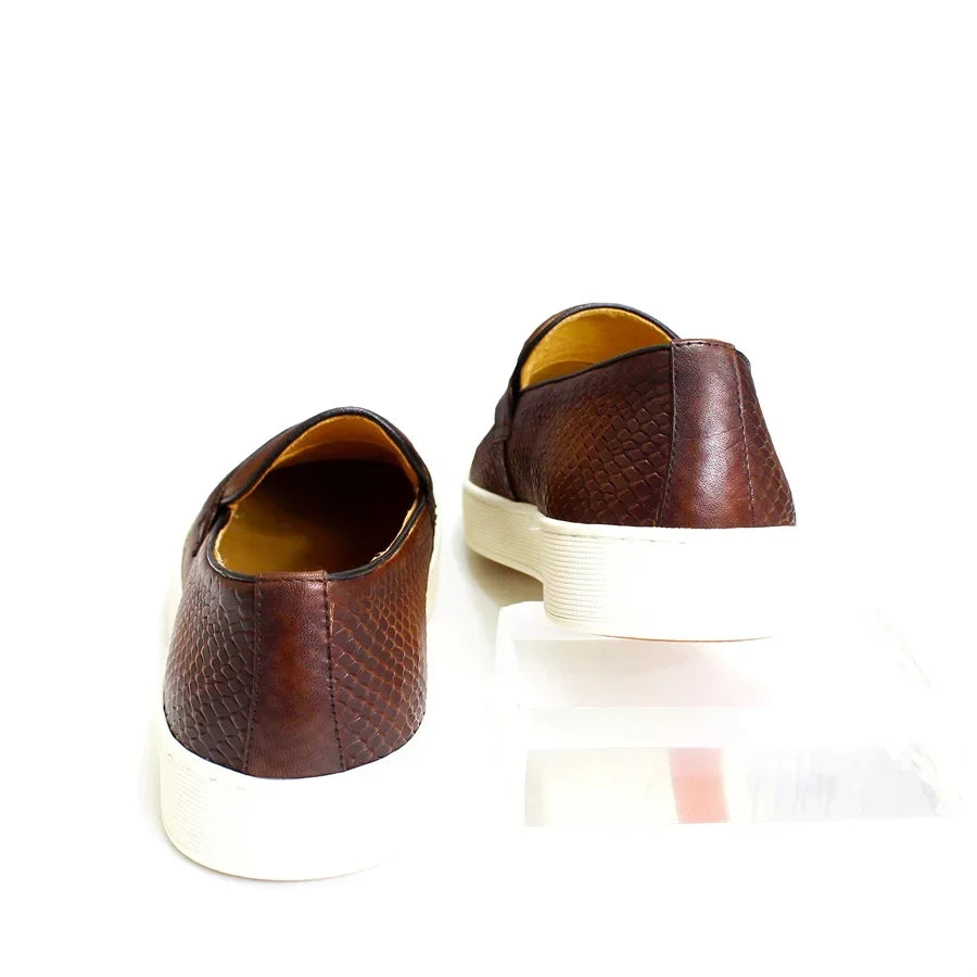 Handmade Genuine Leather Men's Loafers Red Crocodile Pattern Penny Slip-On Dress Flats for Office Wedding Party