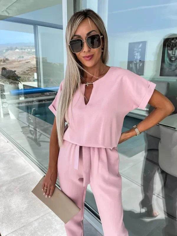 Jumpsuit Women 2023 Solid Color Short Sleeve V-neck Pocket Lace-up Pencil Long Pants Jumpsuits Summer Outfits Bodysuits - AIAZ