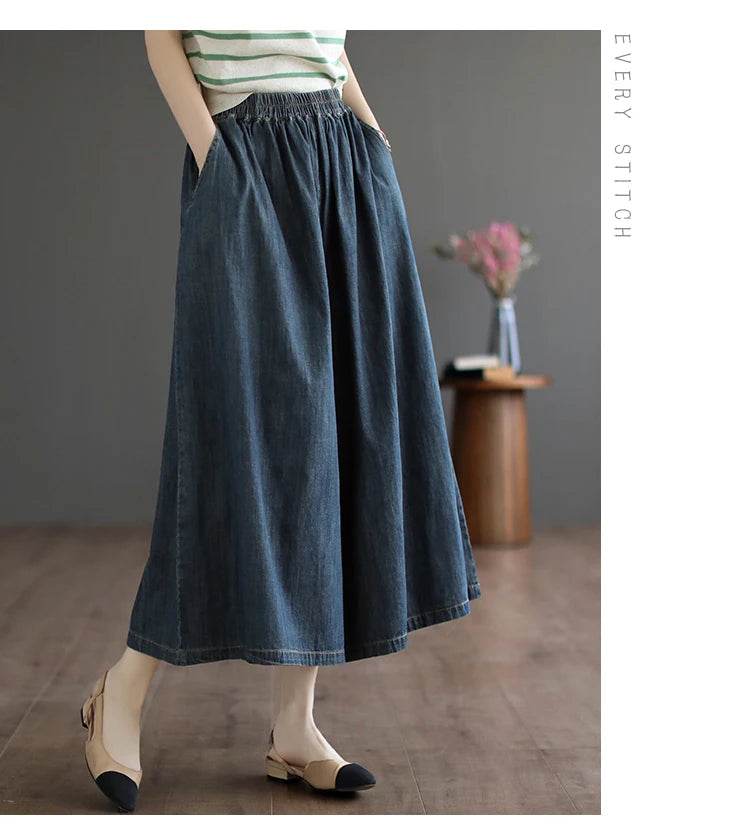 8215 Summer Trendy Wide Leg Jeans Skirts For Women New Design Straight Loose Casual Solid Color Elastic High Waist Denim Pants - AIAZ