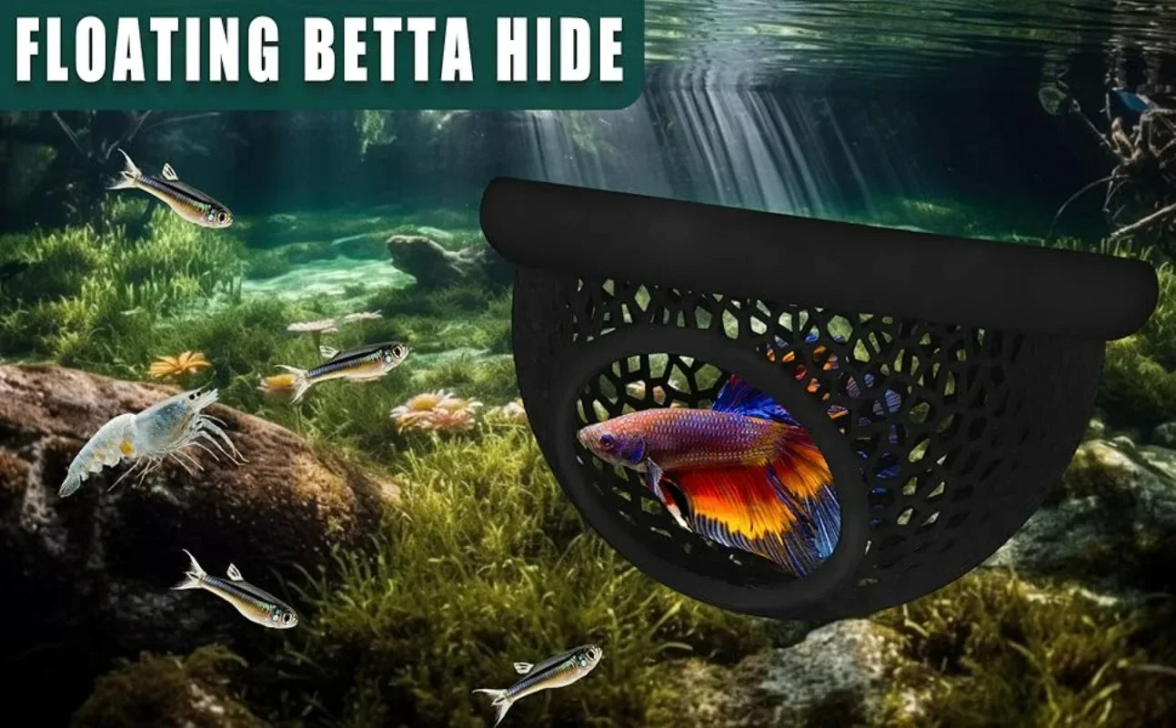 Aquarium Floating Cave Fish Shrimp Hideout Shelter 3-in-1 Hammock Feeding Ring & Resting Spot for Betta Small Aquatic Pets
