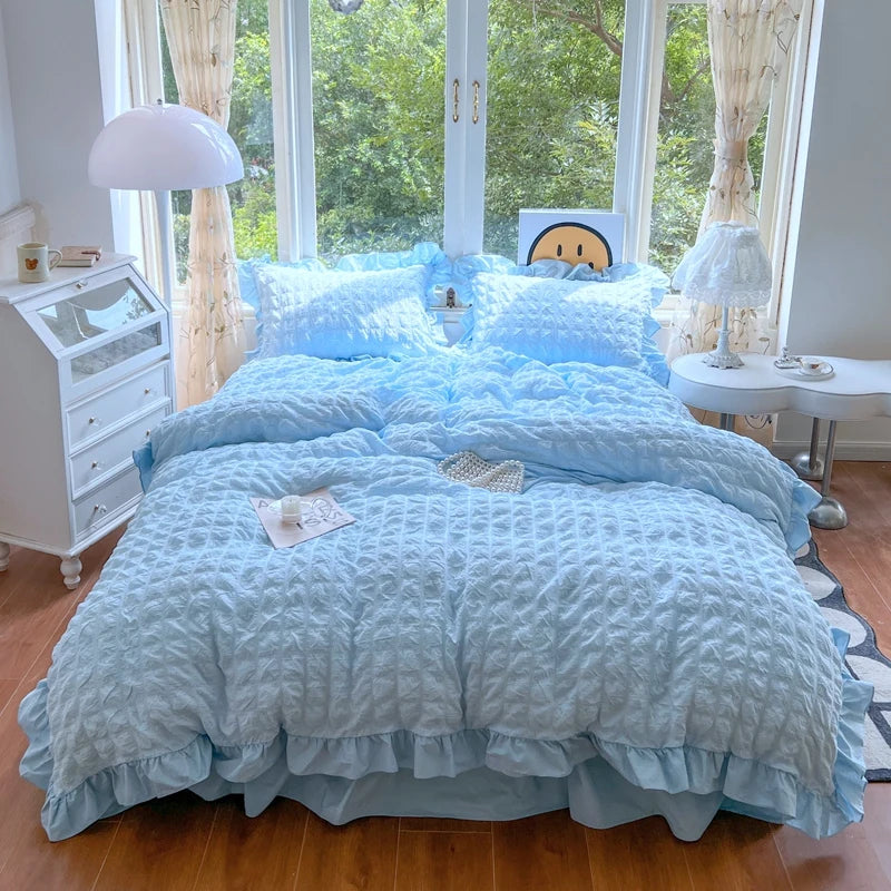 Korean Princess Style Lace Ruffles Bedding Set Skin-friendly Soft Seersucker Duvet Cover Set Bed Sheet Or Bed Skirt Pillowcases