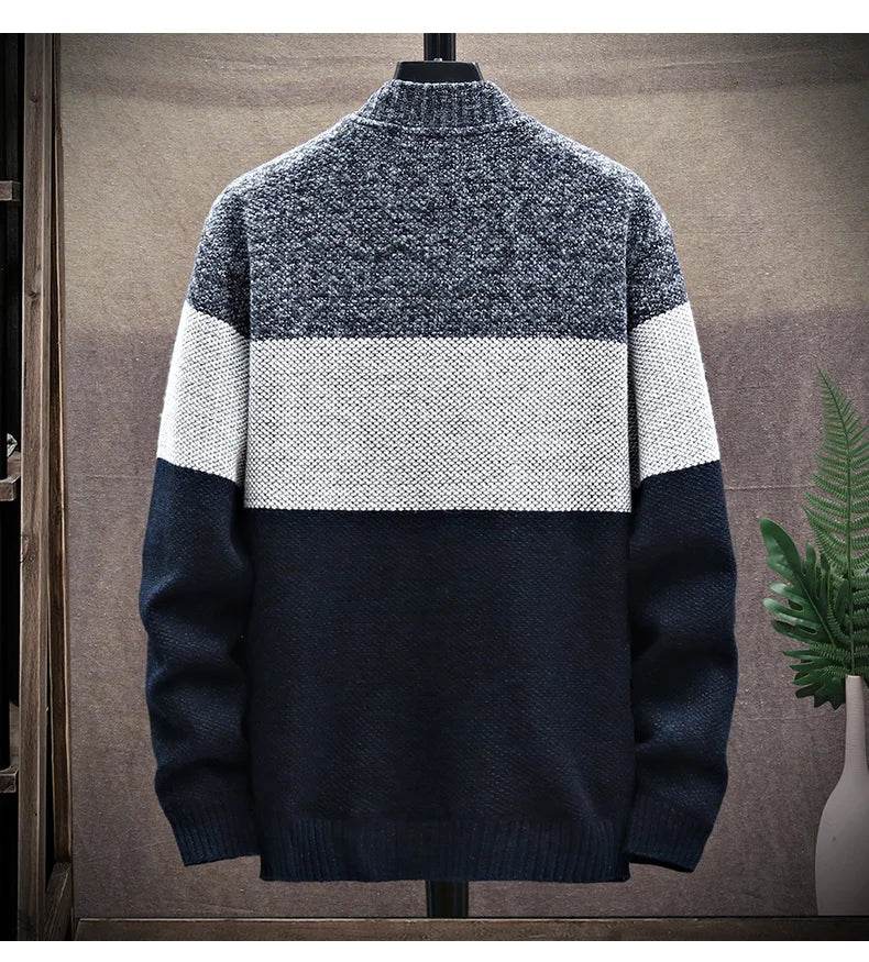 Autumn Winter Cardigan Sweater Men Fleece Zipper Sweaters Velvet Contrast Striped Sweater Coats Casual Jackets - AIAZ