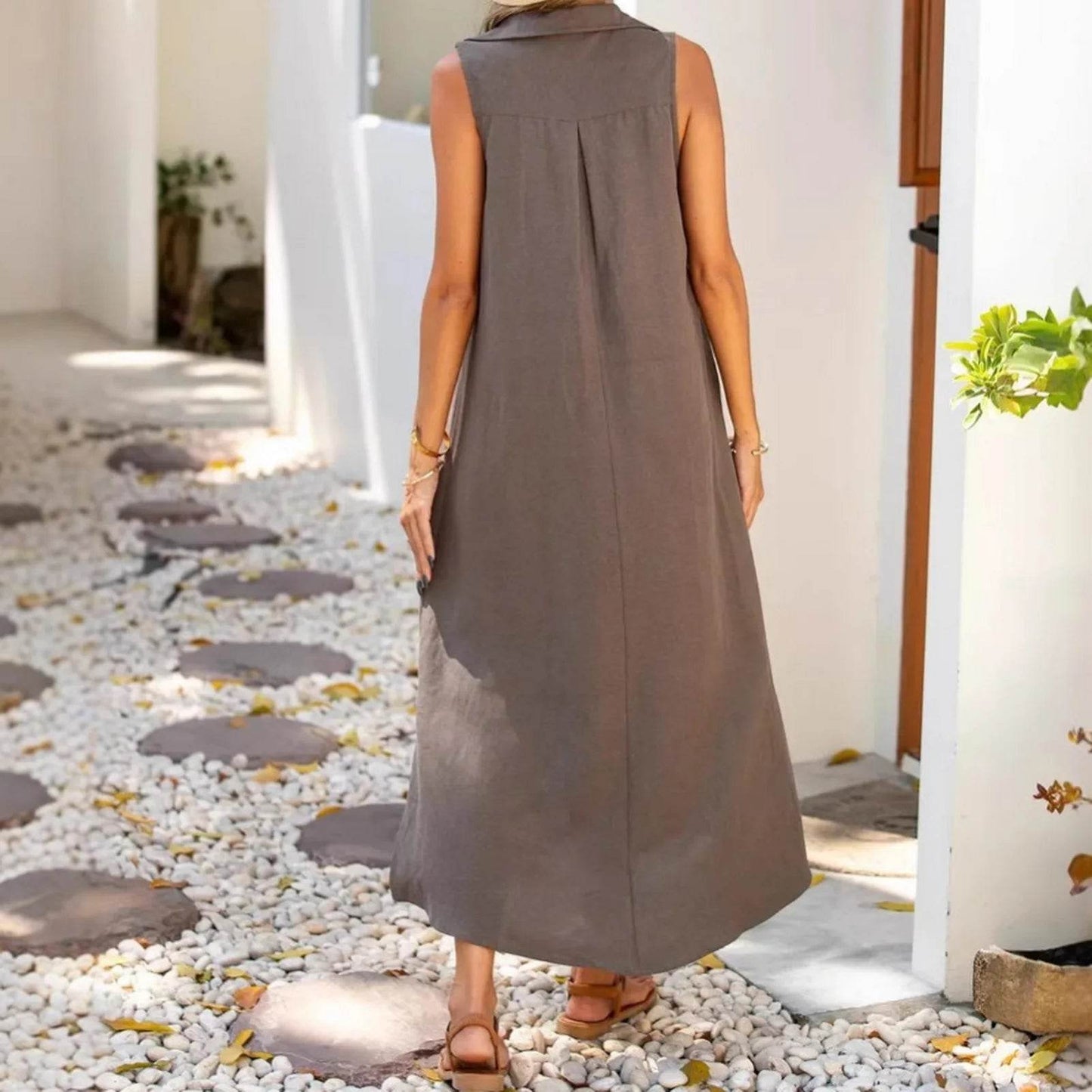 Dresses Woman Party Night V Neck Solid Color Tank Dress Cotton Linen Casual Loose Sundress Plain Long Dresses Vestidos Largos - AIAZ
