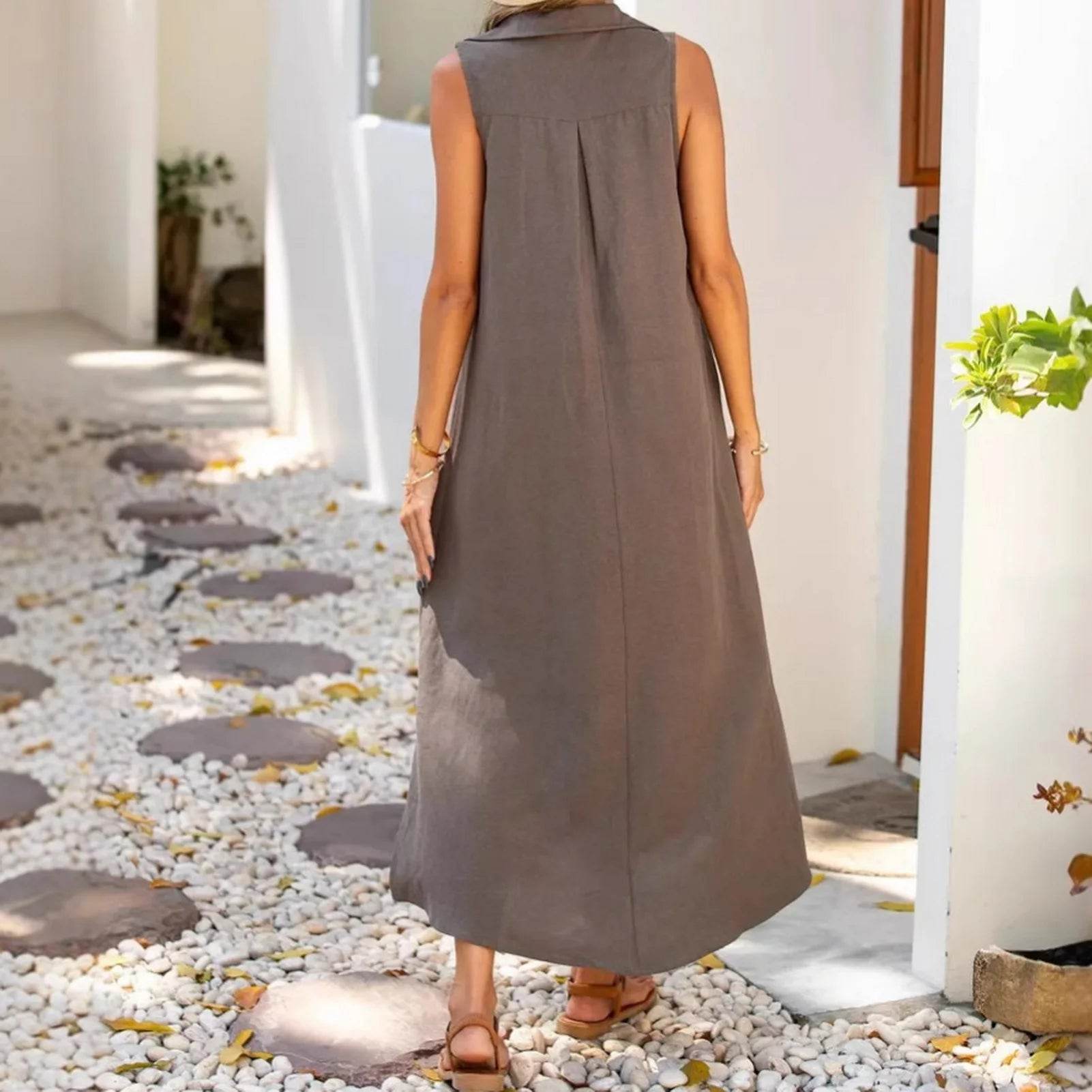 Dresses Woman Party Night V Neck Solid Color Tank Dress Cotton Linen Casual Loose Sundress Plain Long Dresses Vestidos Largos - AIAZ