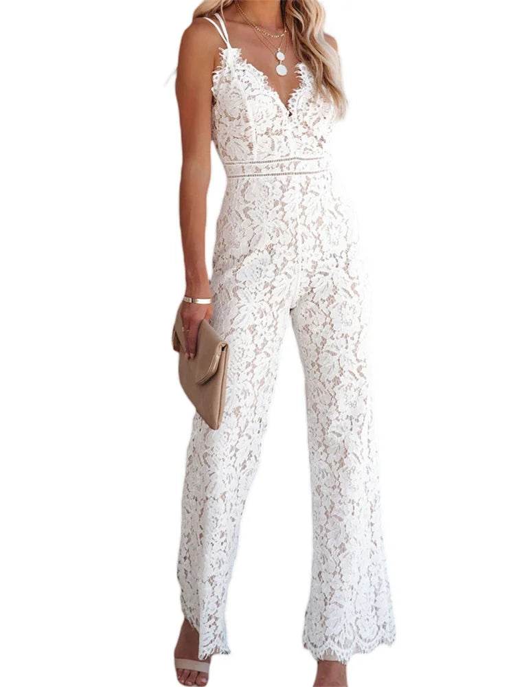 Women Fashion Elegant Lace Jumpsuits Spaghetti Strap V Neck Wide Leg Romper Ladies Summer Sexy Casual Retro Streetwear - AIAZ