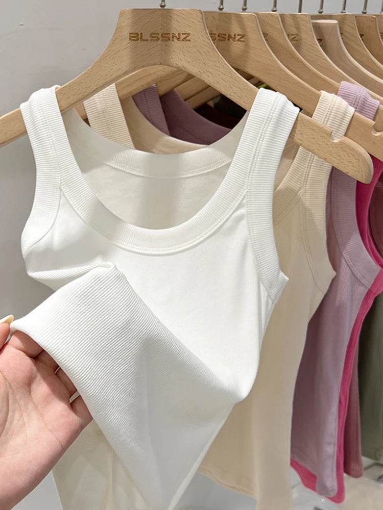 Women Solid Round Neck Ribbed Tank Top Camisole Women 2025 Summer Basic Elastic Tank Top O Neck Solid Tank Top - AIAZ