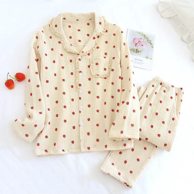 Autumn New Sleepwear Women Two Piece Pajamas Set Ladies Nighty Pure Cotton Pyjama Sweet Girl Strawberry Print Home Clothes - AIAZ
