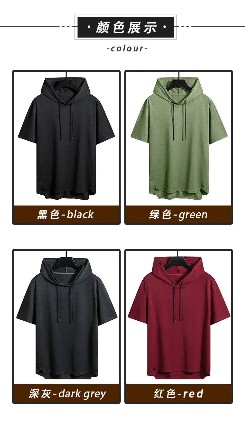 2025 Men's Summer Hoodies T-shirts Short Sleeve Solid Color Loose Hooded Drawstring Pullover Tops Basic Tees for Daily Wear Male - AIAZ