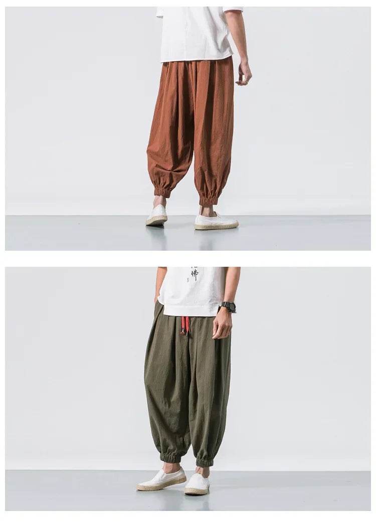New Trendy Men Harem Pants Loose Oversized Style Cotton and Linen High Quality Jogger Sweatpants Casual Male Trousers - AIAZ