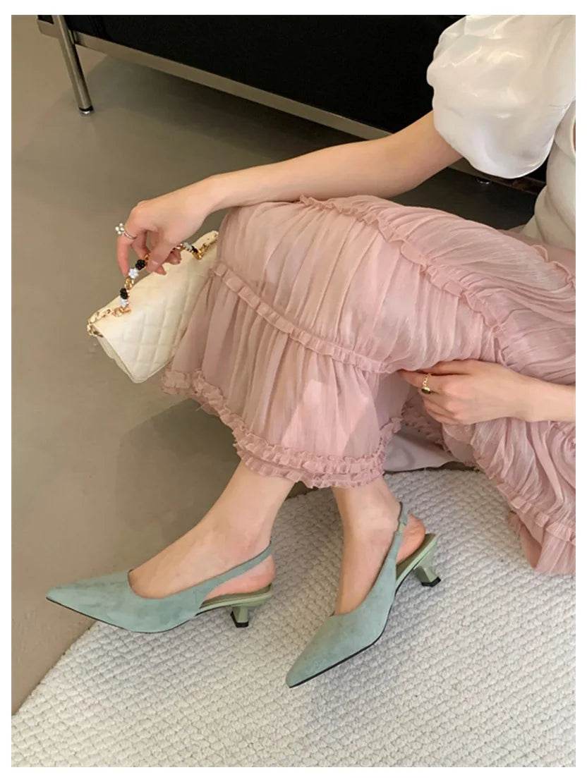 Fashion Brand Slingback Sandals Women Med Heels Pumps Elegant Pointed Toe Female Mules Dress Slides Sandalias Mujer Verano Mujer - AIAZ