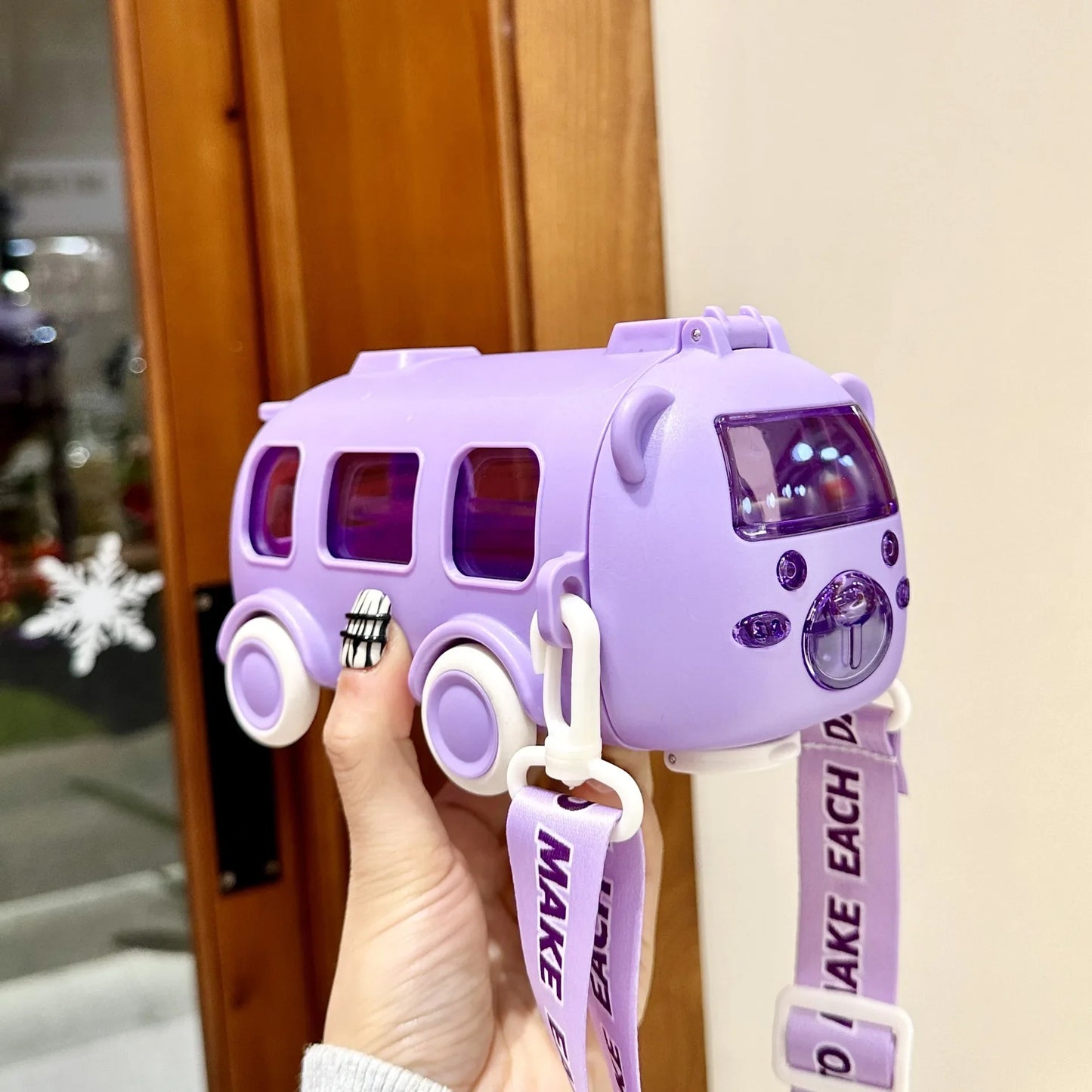 Baby Cute Panda Bus Portable Water Bottle with Shoulder Strap Kid Car Straw Water Cup Children's Water Bottle Drinking Cup