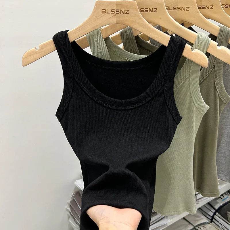 Women Solid Round Neck Ribbed Tank Top Camisole Women 2025 Summer Basic Elastic Tank Top O Neck Solid Tank Top - AIAZ