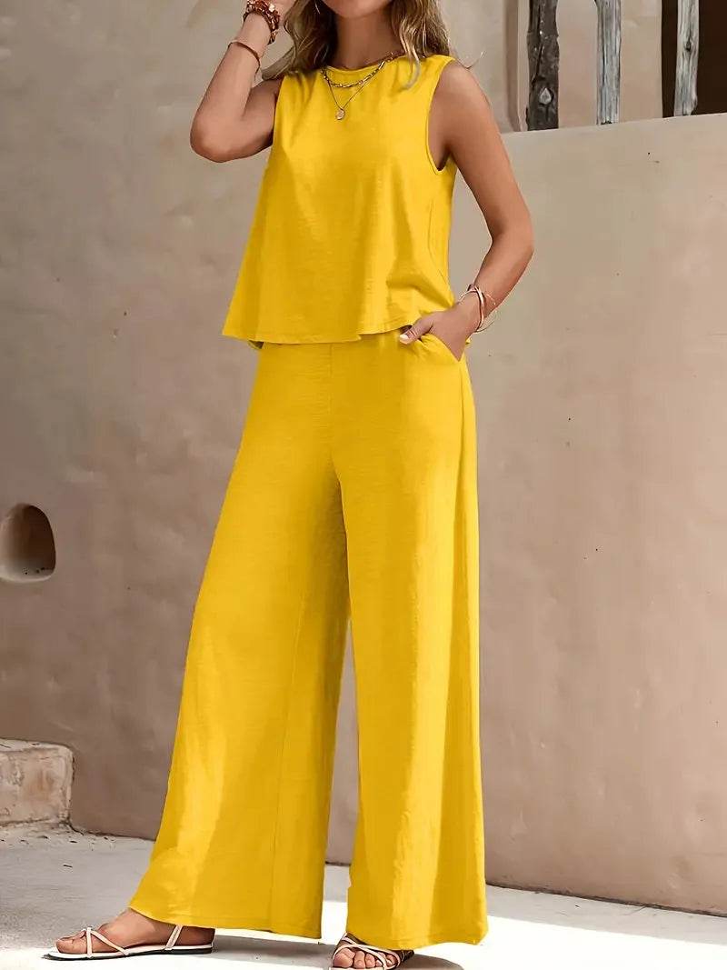 Women's Casual Set Solid Color Elegant Comfortable Round Neck Vest and Wide Leg Pants Two Piece Versatile Comfortable - AIAZ